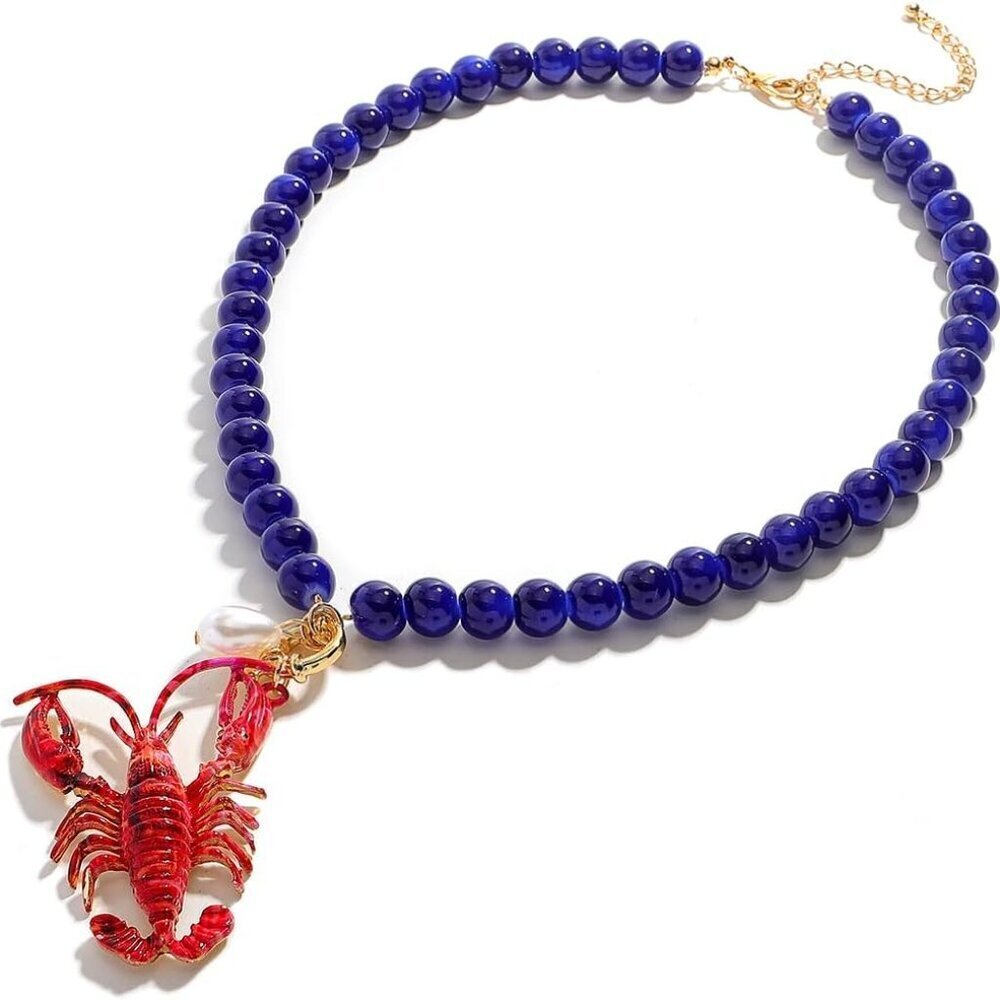 Elegant Deep Blue Beaded Lobster Pendant Necklace for Women - Beach Chic - Picture 6 of 7